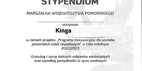 Powiększ grafikę: Dyplom uzyskania stypendium dla Kingi.